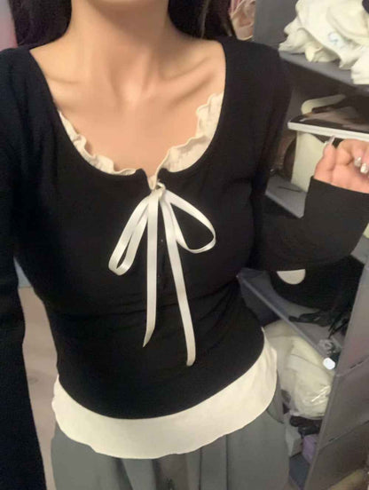 Women's Top With Chest Pad And Wooden Ear Fake Two-piece T-shirts