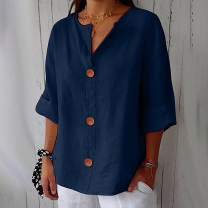 Loose Comfort And Casual V-neck Cotton And Linen Button Top
