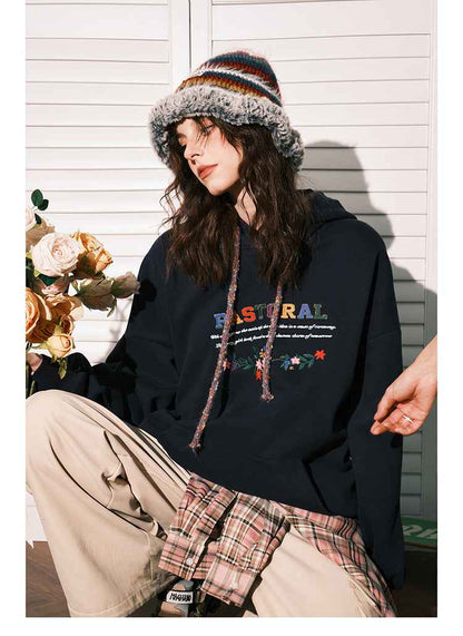 Loose High-grade Retro Bead Caps Rope Embroidered Hoodie Women