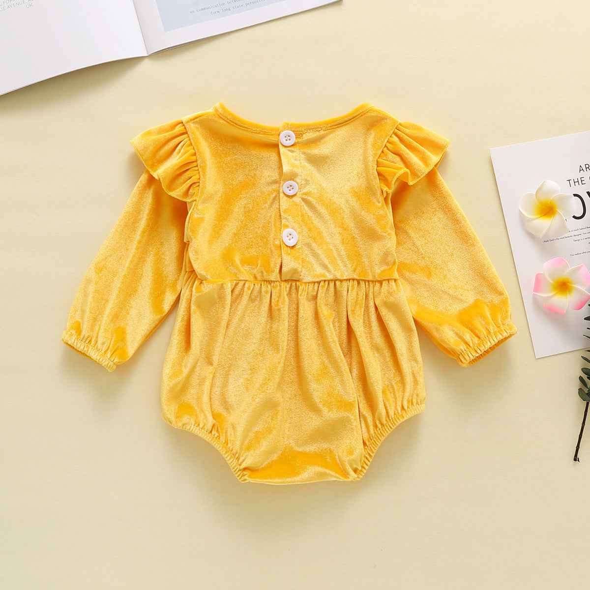 Baby Girl Autumn And Winter Clothing Candy Color Flounced Sleeve Velvet Jumpsuit