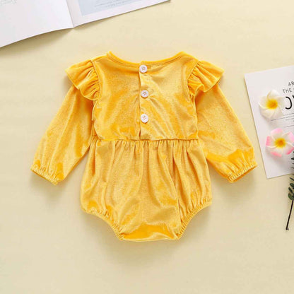 Baby Girl Autumn And Winter Clothing Candy Color Flounced Sleeve Velvet Jumpsuit
