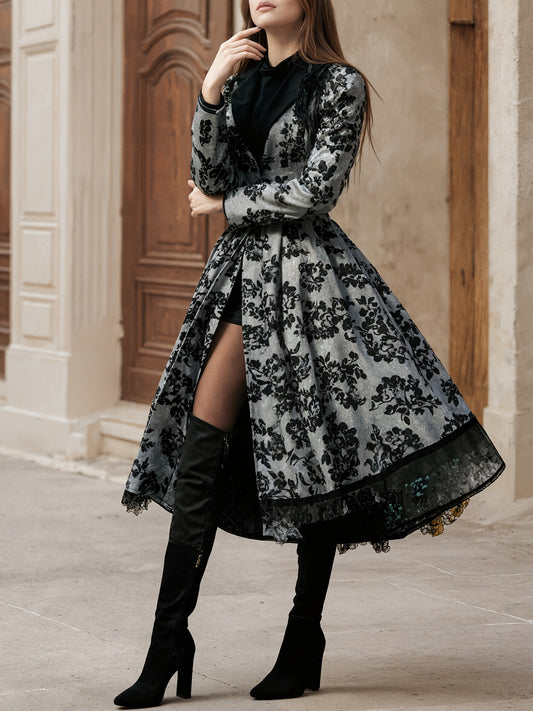 New Women’s Evening Dress, Lace Decoration, Collar, Flower Print Press, Long Sleeve, Dance Dress