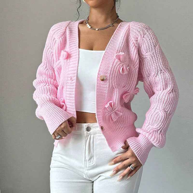 Women's Bow Cropped Cardigan - Long Sleeve V-Neck Button Down Knit Sweater Top