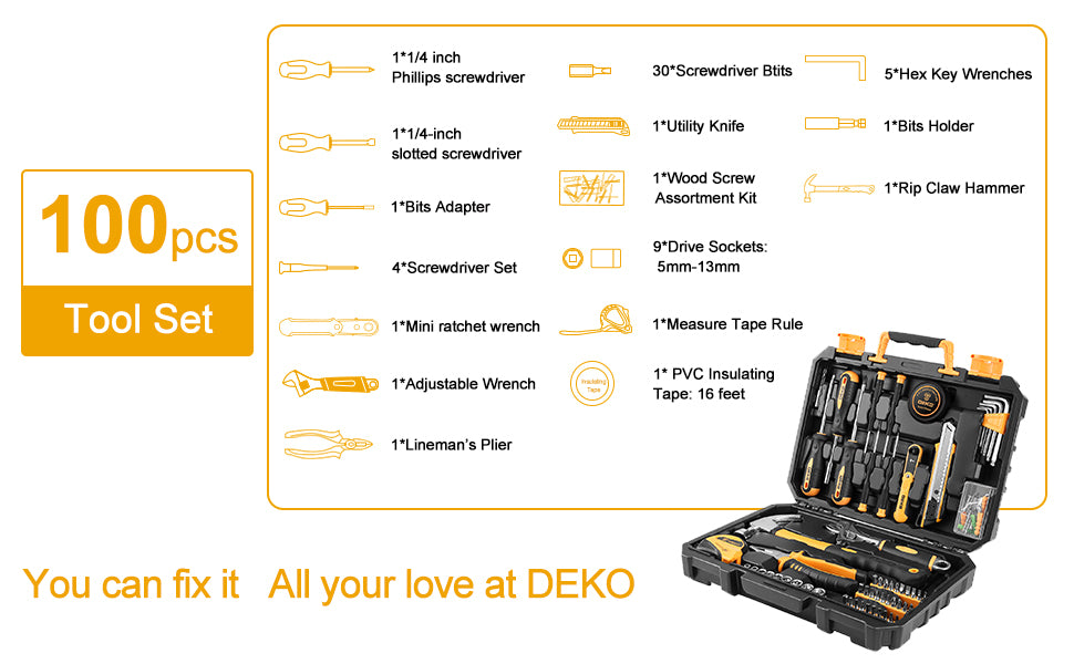 DEKO 100 Piece Home Repair Tool Set,General Household Hand Tool Kit with Plastic Tool Box Storage