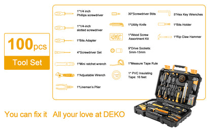 DEKO 100 Piece Home Repair Tool Set,General Household Hand Tool Kit with Plastic Tool Box Storage