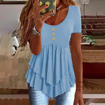 Women's Solid Color Button Front Tunic Top Casual Loose Fit Crew Neck Summer Blouse T-Shirt