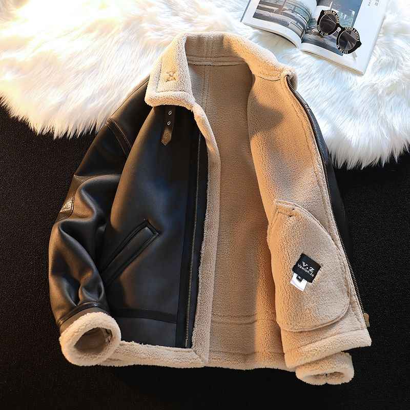 Men's Autumn Winter Thicken Pu Leather Lamb Wool Jacket