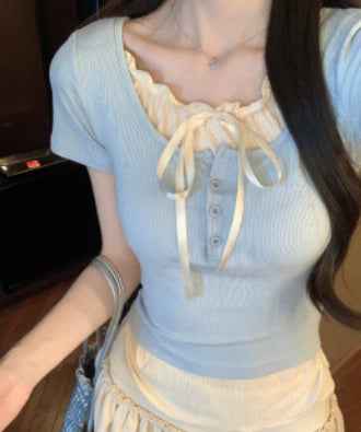 Women's Top With Chest Pad And Wooden Ear Fake Two-piece T-shirts