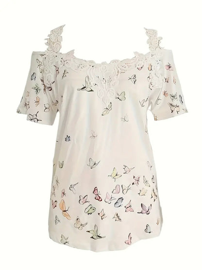 Spring Summer New Butterfly Print V-neck T-shirt Lace Casual Off-the-shoulder Short-sleeved Top