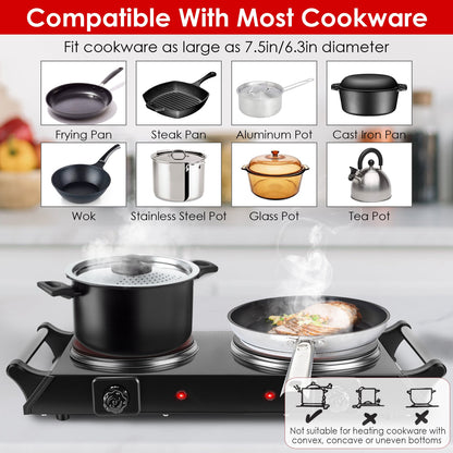 1800W Electric Double Burner Portable Heating Hot Plate Stove Countertop RV Hotplate With 5 Temperature Stepless Adjustments Portable Handles
