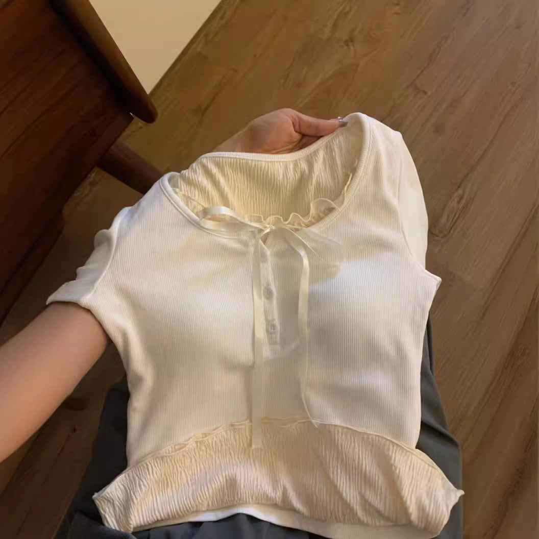 Women's Top With Chest Pad And Wooden Ear Fake Two-piece T-shirts