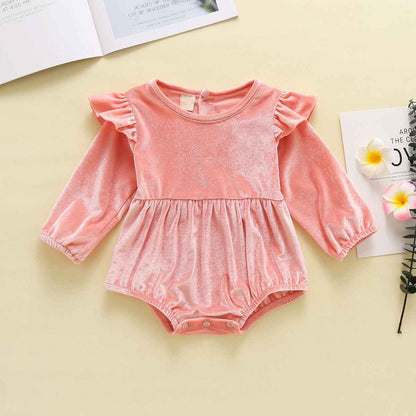 Baby Girl Autumn And Winter Clothing Candy Color Flounced Sleeve Velvet Jumpsuit