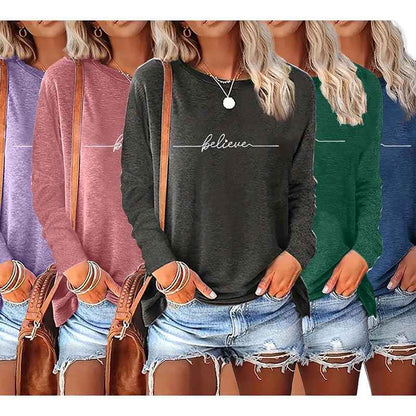 5 Packs Womens Long Sleeve Graphic Tees Casual Letter Printed T-Shirts Tops