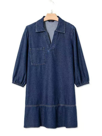 New Women's Casual Doll Dress With V-neck, Three-quarter Length, Puffed Sleeves, And Denim Material