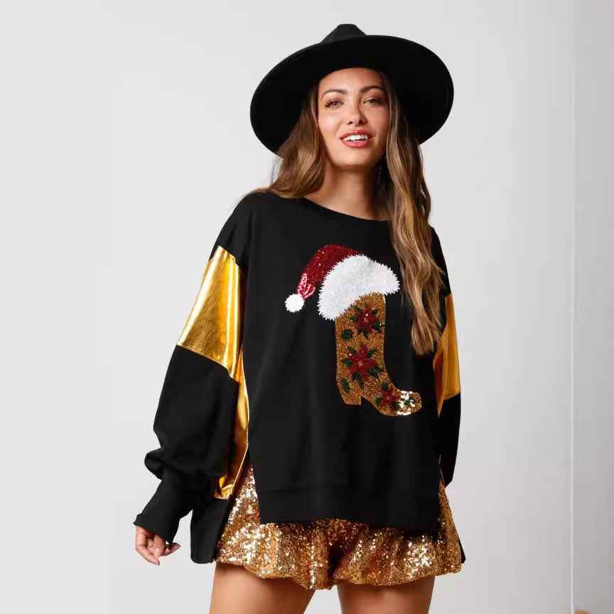 Autumn And Winter New European And American Christmas Sequins Long Sleeve Pullover Hoodie Women