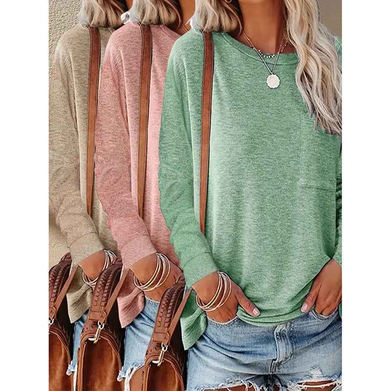 3 Pack Women's Long Sleeve Shirts Casual Crew Neck Basic Tops Solid Layer T Shirts For Ladies
