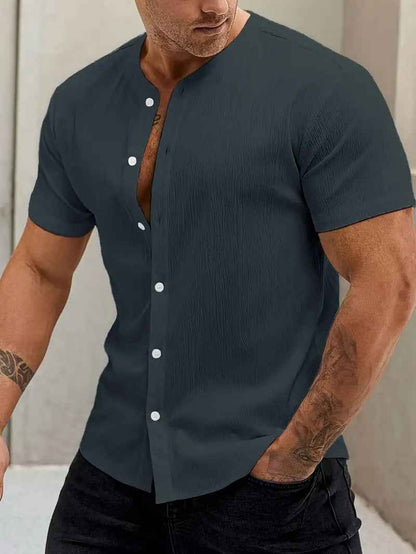 New Cardigan Stand Collar Men's Short-sleeve Shirts
