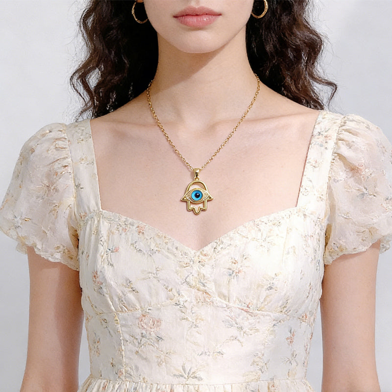 Evil Eye Hamsa Hand Necklace For Women, Protection Amulet Pendant With Titanium Steel