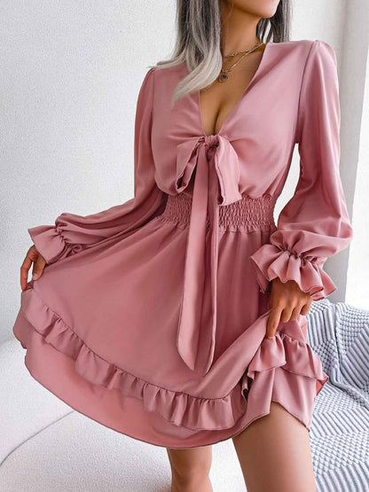 Summer Dresses Solid Color V-neck Long Sleeve Dress For Women Sexy V-neck Lace Up A-line Dress Women's Beach Dress