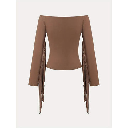 Women's Western Cowgirl Off-Shoulder Fringe Top, Sexy Slim Fitted Long Sleeve Tassel Blouse
