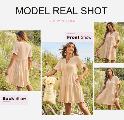 Womens Dresses Summer Spring V Neck Short Sleeve Casual A Line Flowy Swing Dress Mini Dress