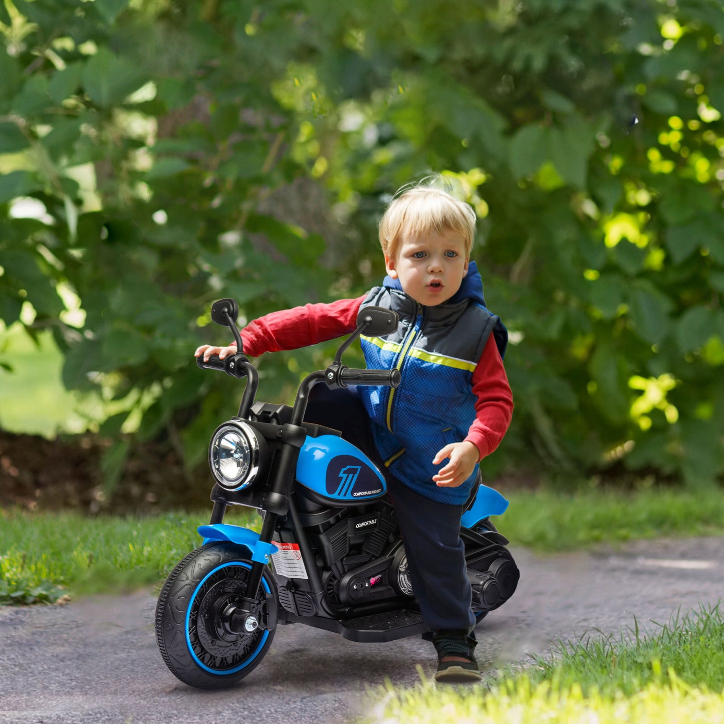 6V Kids Motorcycle w/ Training Wheels, Single-Button Start, Blue