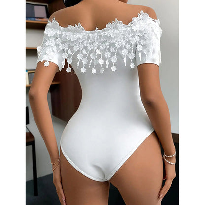 Women's Off Shoulder Short Sleeve Bodysuit Sexy Lace Bodycon Top