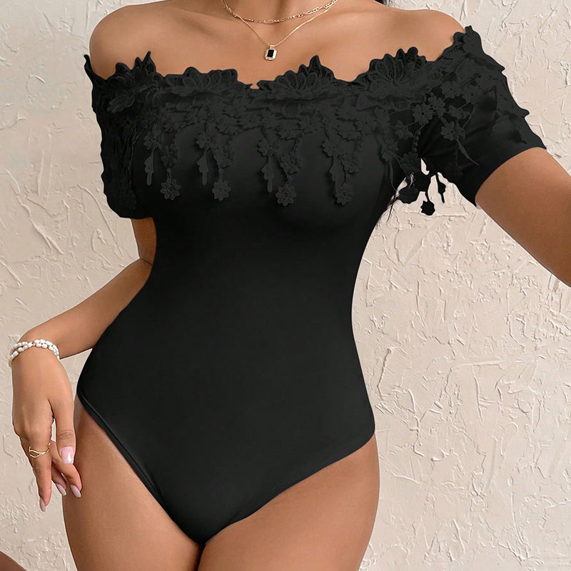 Women's Off Shoulder Short Sleeve Bodysuit Sexy Lace Bodycon Top