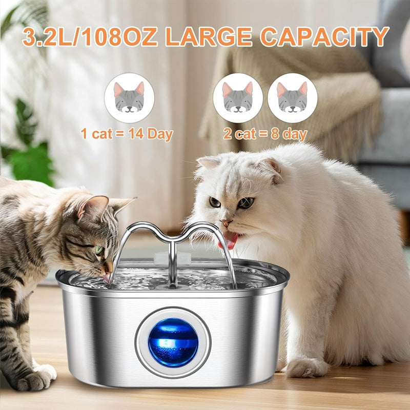 3.2L Cowhorn Model Pet Water Dispenser - Stainless Steel Automatic Water Fountain With 4 Replaceable Filters