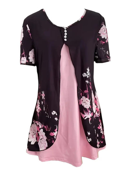 Summer New Short-sleeved Printed Fake Two-piece T-shirt V-neck Fashion Spike Top