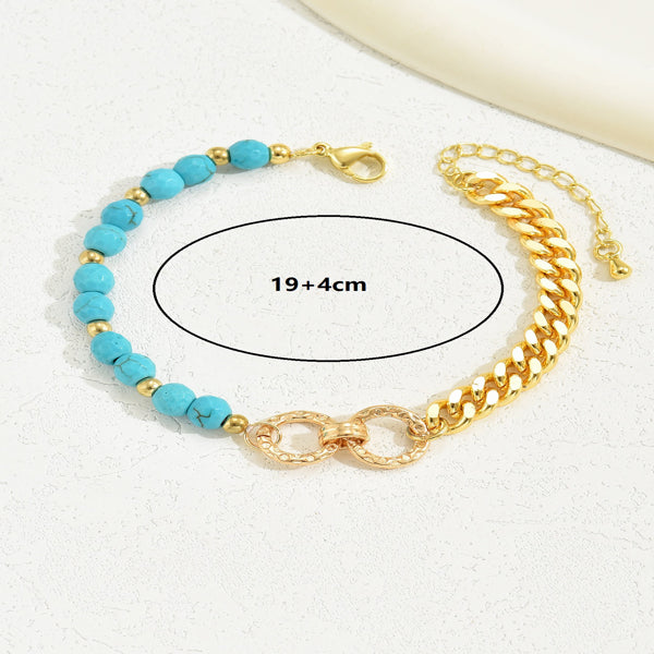 A Creative And Luxurious Instagram Style Double Ring Turquoise Multi Chain Mixed Bead Bracelet For Women's Vacation And Date Gifts