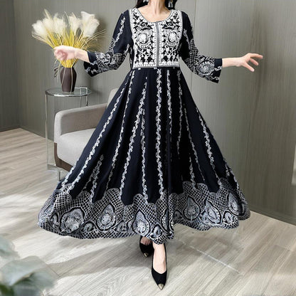 Women's Ethnic Style Floral Embroidered Dress, Elegant 3 4 Sleeve Swing Dress