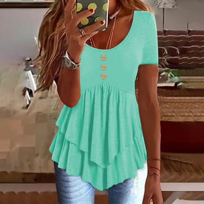 Women's Solid Color Button Front Tunic Top Casual Loose Fit Crew Neck Summer Blouse T-Shirt