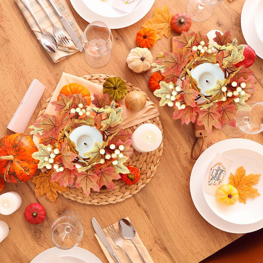 2-Pack 9.8" Fall Candle Ring Wreaths - Maple Leaf & Sunflower Decor