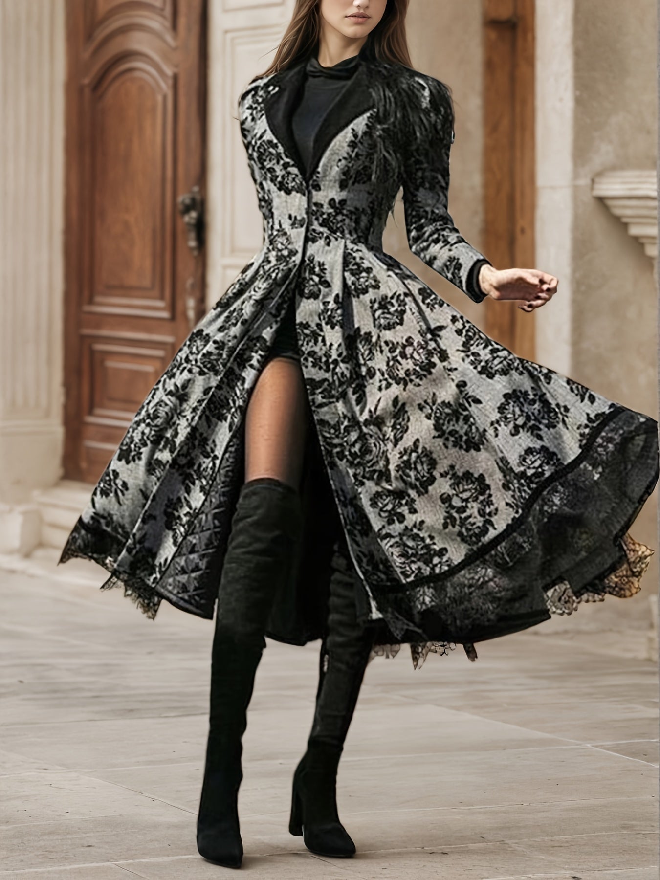 New Women’s Evening Dress, Lace Decoration, Collar, Flower Print Press, Long Sleeve, Dance Dress