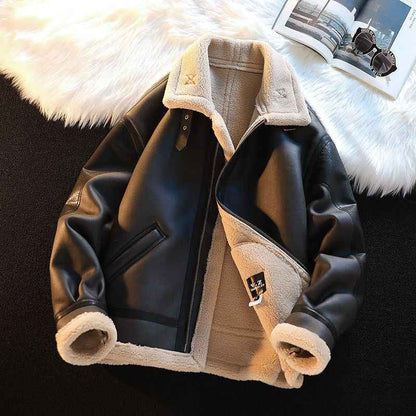 Men's Autumn Winter Thicken Pu Leather Lamb Wool Jacket