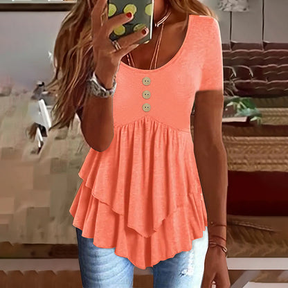 Women's Solid Color Button Front Tunic Top Casual Loose Fit Crew Neck Summer Blouse T-Shirt