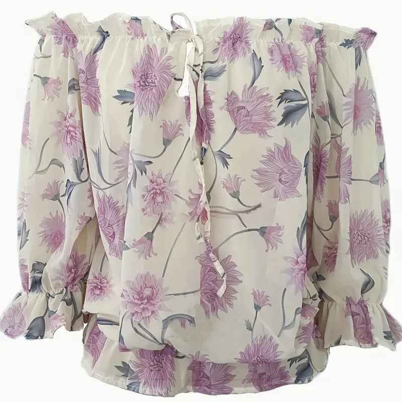 Womens Summer Off Shoulder Blouse Floral Print Ruffle Sleeve Casual Chiffon Tops Shirts