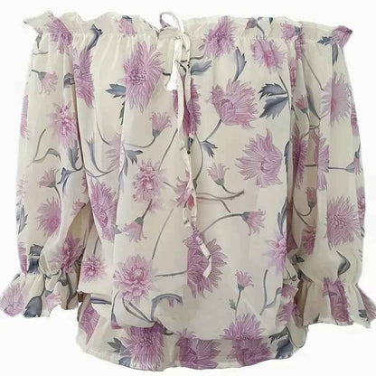 Womens Summer Off Shoulder Blouse Floral Print Ruffle Sleeve Casual Chiffon Tops Shirts