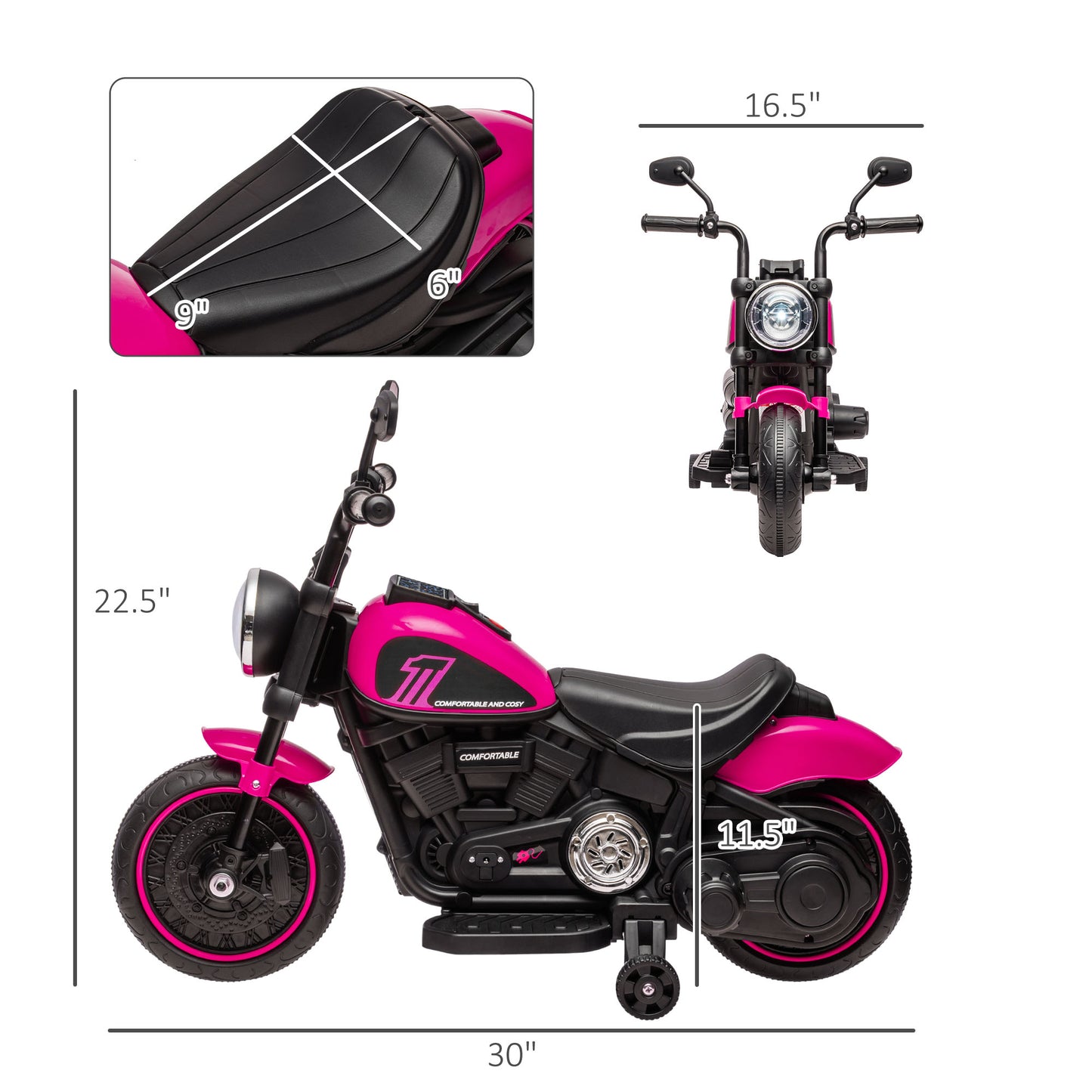 6V Kids Motorcycle w/ Training Wheels, Single-Button Start, Pink