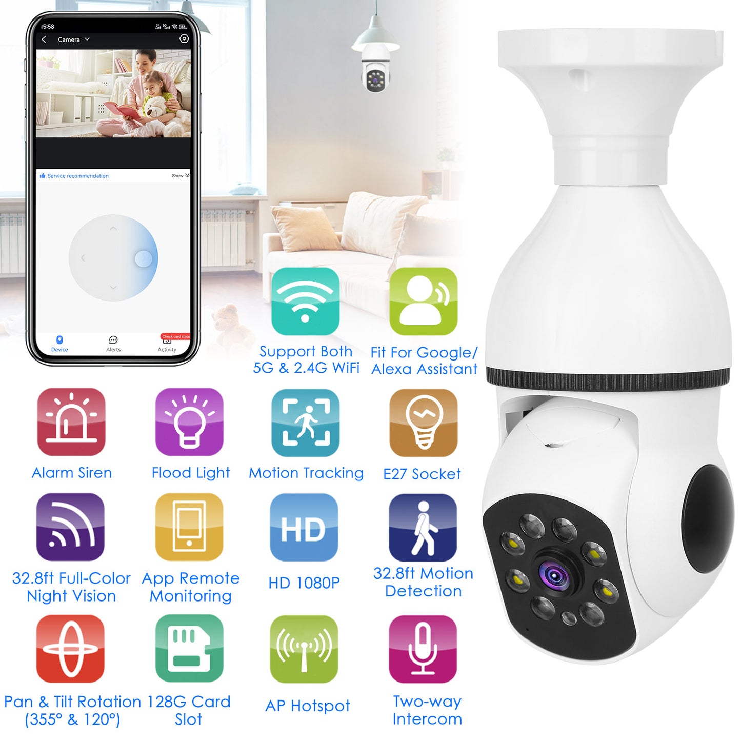 1080P E27 Smart WiFi Bulb Security Camera - 360° Pan-Tilt & Night Vision