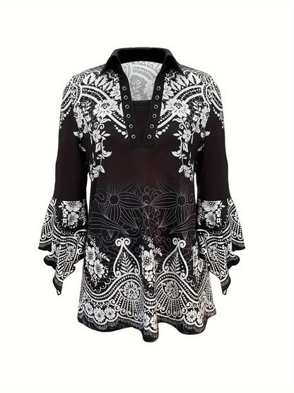 Spring Autumn New Printed Lapel Three-quarter Sleeve T-shirt Irregular Cuff Button Top