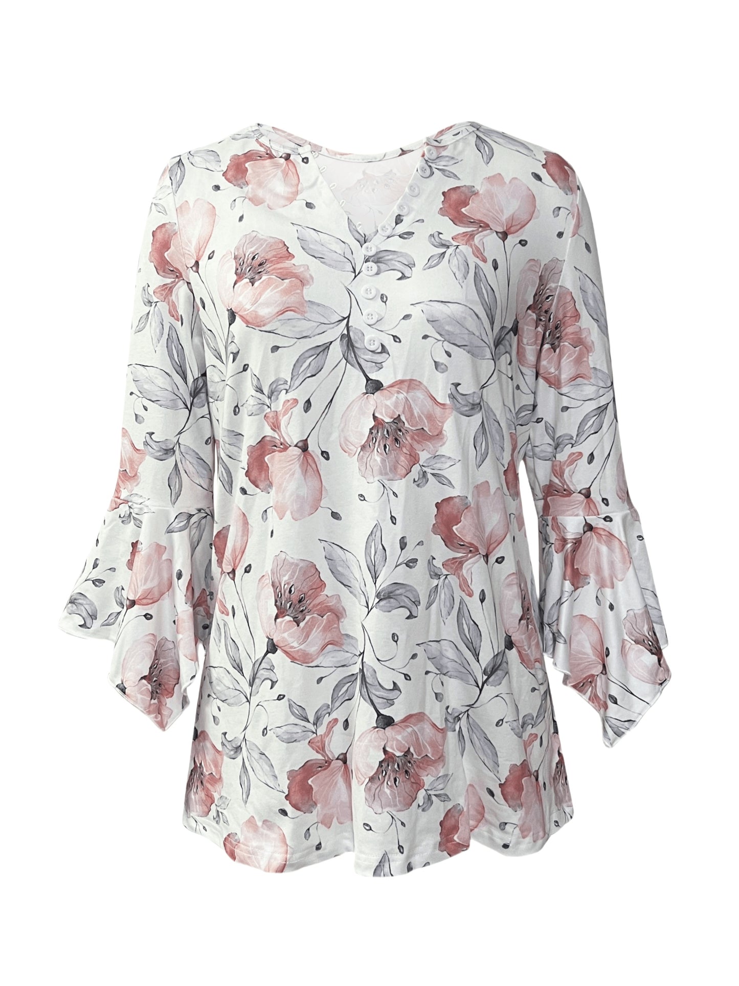 Spring And Autumn New Printed Spike Button Irregular Three-quarter Sleeve T-shirt Casual Top