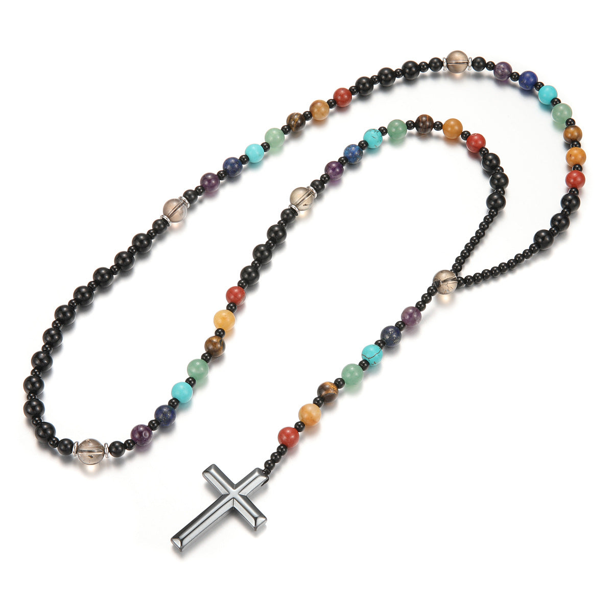 Fashionable Colorful Natural Stone Cross Rosary Necklace