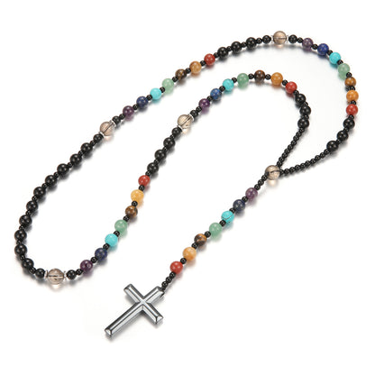 Fashionable Colorful Natural Stone Cross Rosary Necklace