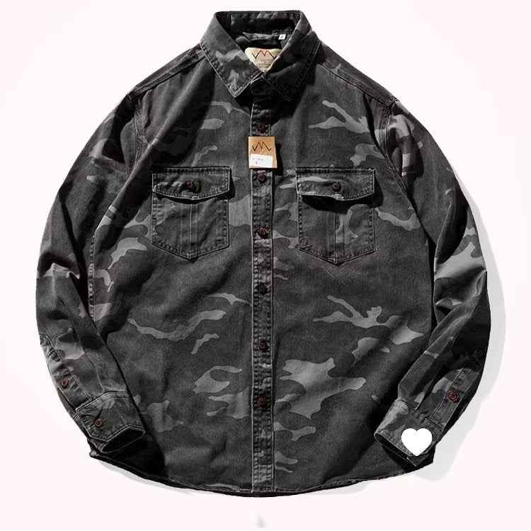 Men's Distressed Washed Camouflage Collar Casual Jacket