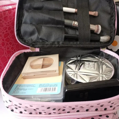 Stylish Double Layer Polka Dot Makeup Bag with Handle & Brush Holder, Compact Toiletry Organizer for Women’s Travel & Beauty E - AMULET RING STORE