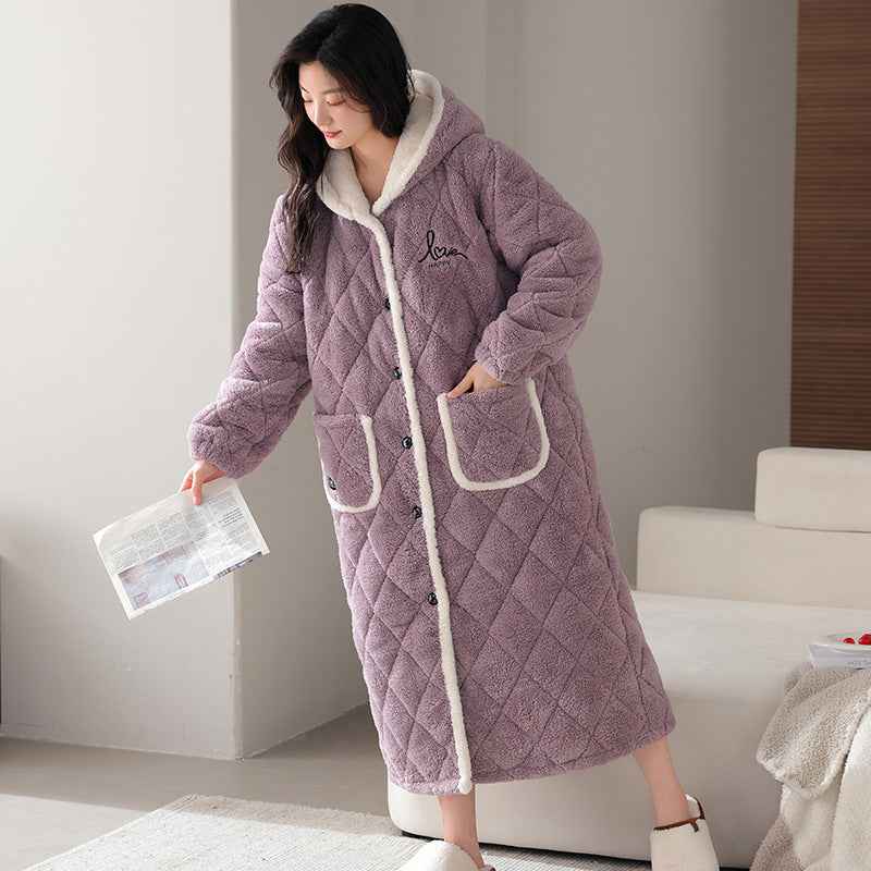 Winter Couple's Robe For Women Thickened And Fleece-lined Long Coral Fleece