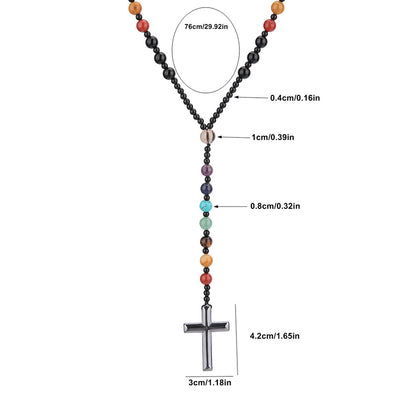 Fashionable Colorful Natural Stone Cross Rosary Necklace