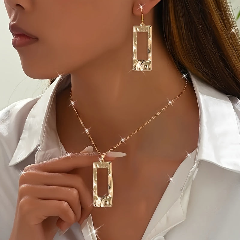 Lxalry Gold-Toned Hammered Geometric Jewelry Set, Recycled Alloy Necklace & Earrings For Women, Eco-Friendly Hypoallergenic Accessories For Daily Party Formal